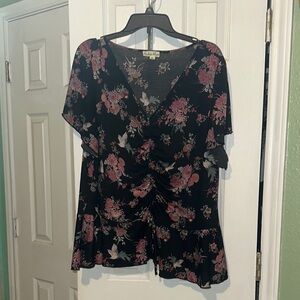 Black and Pink Ruffled Wrap Blouse